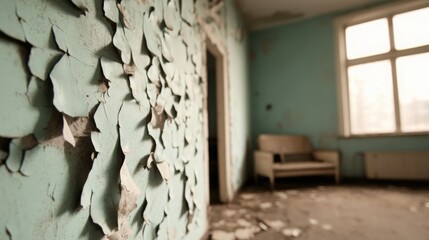 Obraz premium Ghostly and horror background. A peeling, turquoise wall in an abandoned room with debris and a faintly visible sofa, creating a sense of decay and neglect.