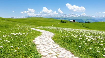 Obraz premium Winding path through alpine meadow, mountains background; idyllic summer landscape for travel brochures