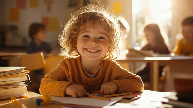 A smiling child at their desk in a bright classroom, with books, pencils, and a toy scattered on the desk. Sunlight pours in, lighting up the child&Atilde;&cent;&Acirc;&Acirc;s face. The background shows cla