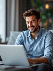 Fototapeta premium Smiling man working on laptop – Handsome man in a blue shirt, smiling while using a laptop in a cozy home setting.
