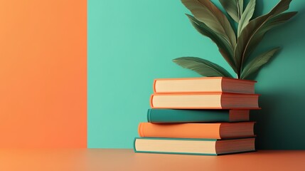 A stack of books on a blue background, with an orange and teal color palette, a 3D render, and a minimalistic style