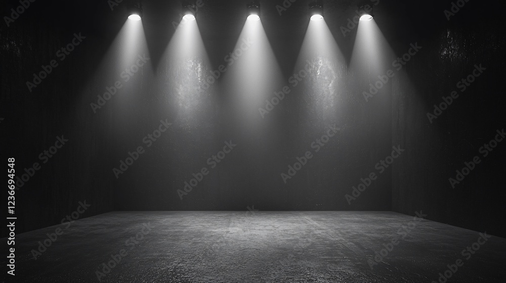Poster dark room with four spotlights illuminating empty floor.
