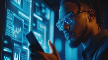 AI-driven financial analytics appear on a virtual interface as a man holds his phone and interacts with his bank data.