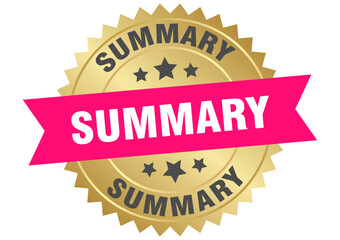 summary. summary round pink and gold label isolated on transparent background