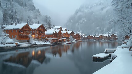 Fototapeta premium Snowy village at twilight reflected in calm lake water.