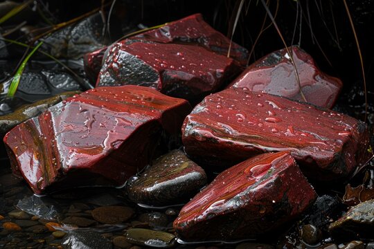 Polished red jaspilite rocks glisten in a shallow stream of water