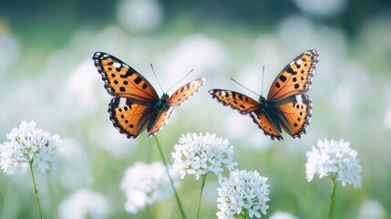 Naklejka premium Two butterflies flying over white flowers in a meadow