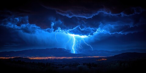 Thunderstorm lightning strikes over city landscape at dusk dramatic view