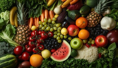 Abundant colorful fruits and vegetables background.