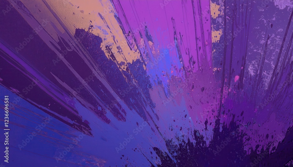 Poster dynamic abstract explosion of purple and blue paint splashes with textured strokes and black fragmen