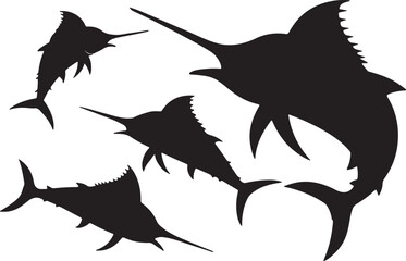 Variant style of marlin fish silhouette set, flat fish vector illustration, blackfish color isolated on a white background.