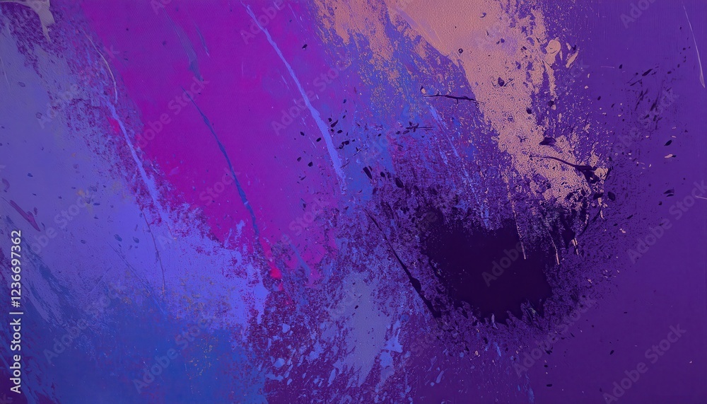Poster dynamic abstract explosion of purple and blue paint splashes with textured strokes and black fragmen