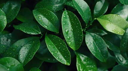 Fototapeta premium Refreshing raindrops on green leaves nature scene close-up photography lush environment natural beauty