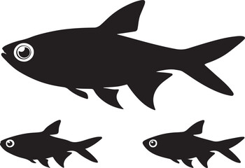 Variant style of Neon tetra fish silhouette set, flat fish vector illustration, blackfish color isolated on a white background.
