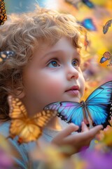 Curious child exploring a vibrant butterfly garden filled with colorful butterflies