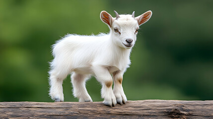 Adorable white baby goat on a log, green meadow background, springtime farm animal, perfect for greeting cards