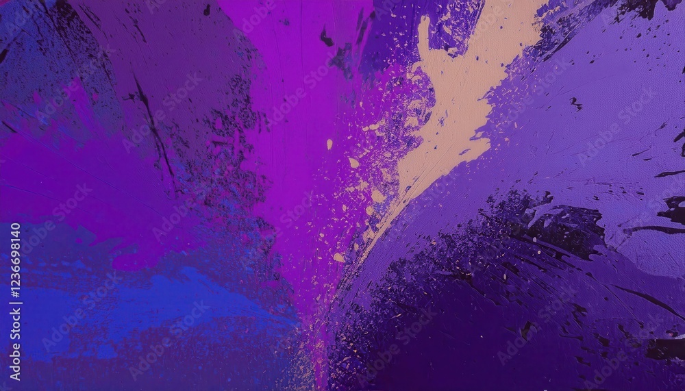Poster dynamic abstract explosion of purple and blue paint splashes with textured strokes and black fragmen