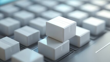 Obraz premium White cardboard boxes on a laptop keyboard. Online shopping and electronic commerce concept. 3D Rendering