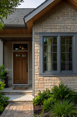 Rustic Stone House Exterior: Charming Home Entrance with Landscaping