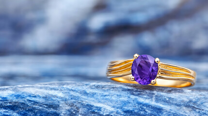 Obraz premium Amethyst ring on blue stone, jewelry photography, close-up, luxury