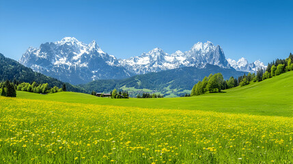 Fototapeta premium Alpine meadow springtime wildflowers, snow-capped mountains background; idyllic landscape postcard
