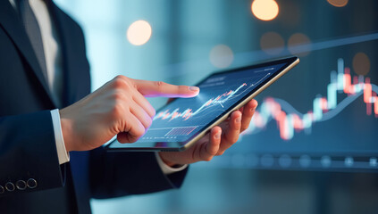 The businessman holds the tablet, touches the trading financial chart on the screen with his finger