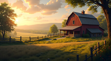 A rustic farmhouse stands in serene farmland, illuminated by soft sunrise light, surrounded by rich greenery and expansive natural scenery