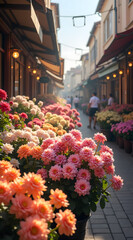 A bustling outdoor flower market showcases vibrant blossoms in an array of colors, with shoppers browsing among detailed textures and natural daylight illuminating the scene