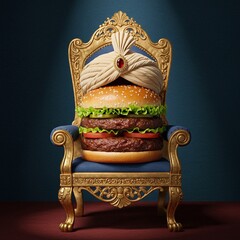 Burger with a crown on a royal chair