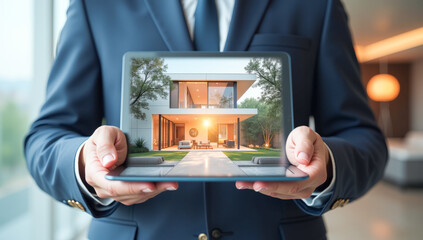 a businessman holds a tablet, a private house on the screen, the concept of buying real estate