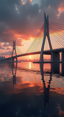 Obraz premium A modern bridge stands majestically against a dramatic sunset, its architectural lines reflecting beautifully in calm water, creating a serene and picturesque scene