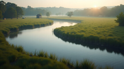 Naklejka premium A winding river meanders through a peaceful rural setting, reflecting nature's beauty with lush greenery and soft, diffused lighting at sunrise