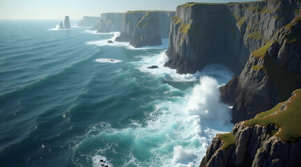 Dramatic coastal cliffs rise above a turbulent sea, featuring crisp details and natural textures under atmospheric lighting that creates a breathtaking landscape