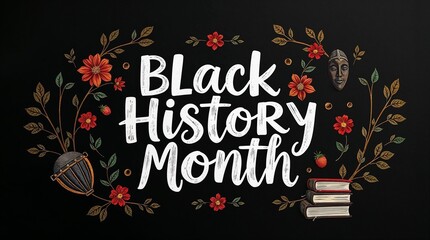 Fototapeta premium Black History Month Design with Handwritten Typography, African Drum, Mask, Books, and Floral Motifs on a Black Background