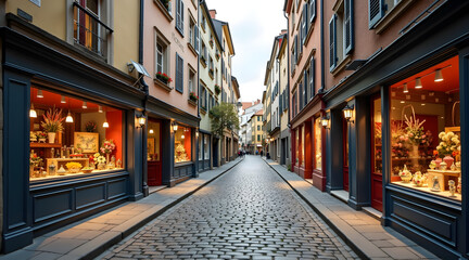 Naklejka premium A quaint european cobblestone street lined with historic architecture and vibrant window displays bathed in natural daylight creates a charming atmosphere
