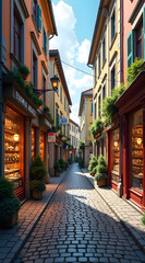 Fototapeta premium A quaint european cobblestone street lined with historic architecture, vibrant window displays, and lush greenery bathed in natural daylight