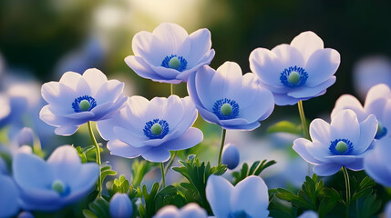 Blue anemones blooming at sunset, garden background, nature beauty, spring wallpaper