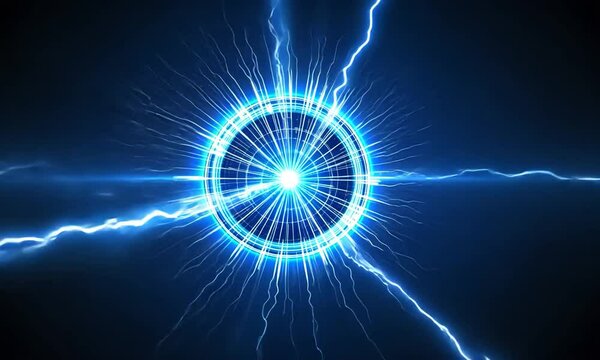 Blue Energy Circle Plasma Ball Formed By Electric Beam And Glowing Particles in bright neon blue color, dark blue background. 4k