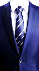 Blue suit, white shirt, striped tie, close-up; professional attire for business presentations