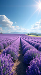 Obraz premium Expansive lavender fields stretch under a brilliant blue sky, showcasing vibrant purple hues in a serene natural setting with sunlit clarity