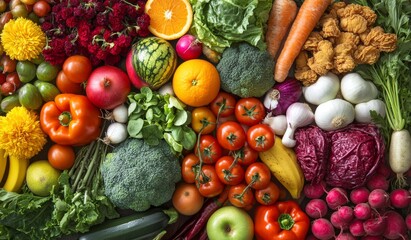 Colorful array of fresh fruits and vegetables, overhead shot.