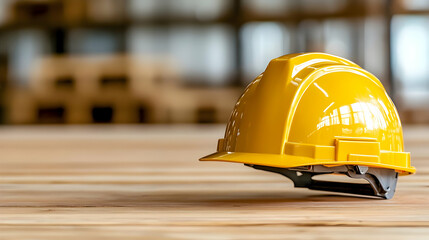 Yellow hard hat on wood, warehouse background, safety