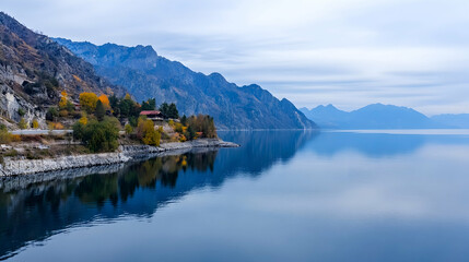 Calm lake reflecting mountains, autumn foliage, houses lakeside; serene nature background