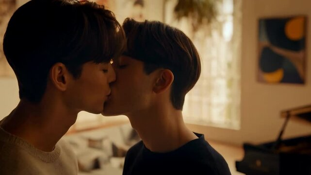 love concept, kiss of young caucasian gay men kissing