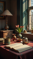 A photorealistic still life composition featuring vintage objects with rich textures and warm ambient lighting, showcasing meticulous attention to detail