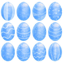 Different Blue set of easter eggs, isolated on white background