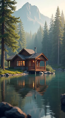 Fototapeta premium A cozy lakeside cabin is nestled by a calm lake, surrounded by tall pine trees and misty mountains, illuminated by soft natural light in a serene environment