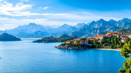 Coastal town nestled in mountains, turquoise sea, sunny day, travel postcard
