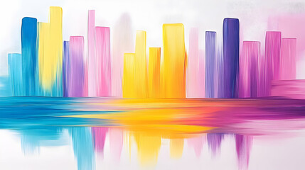 Obraz premium Colorful cityscape reflection, abstract painting, urban skyline, peaceful morning