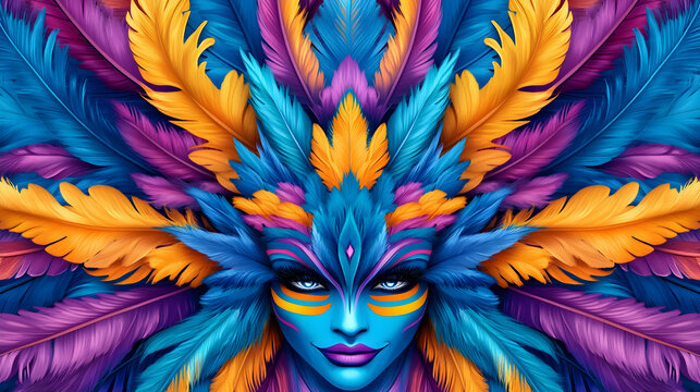 Colorful feathered carnival mask, vibrant design, festive background, ideal for party invitations